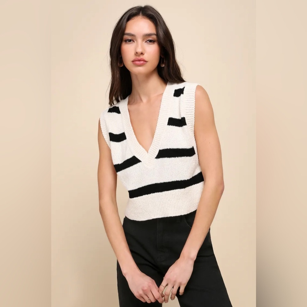 Free People Santa‎ Monica Striped Sweater Vest Cream & Black